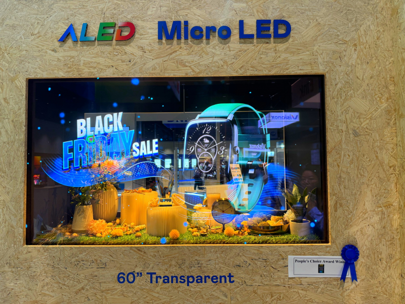 米兰·(milantiyu)60吋高透明度Micro LED显示器获&rdquo;最佳Micro LED技术应用奖&rdquo;，将Micro LED面板透明化之设计特性极致发挥，以可扩展性无缝拼接技术打造，具备600 nits全画面亮度、大于60%穿透率及超过NTSC 110%的优异广色域表现，可依需求灵活应用于各种场域